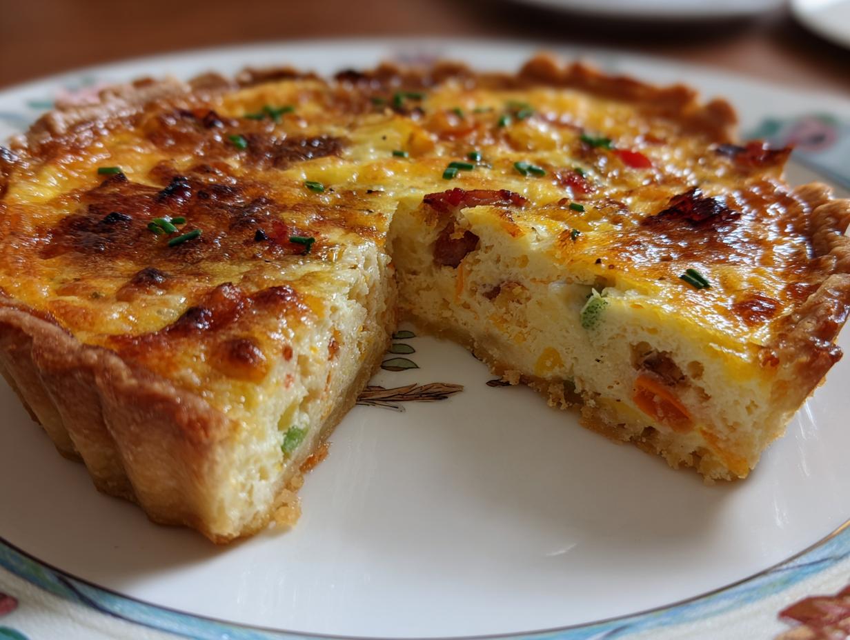 A delicious Easy Breakfast Quiche with a slice cut out, showing the vegetable and bacon filling.
