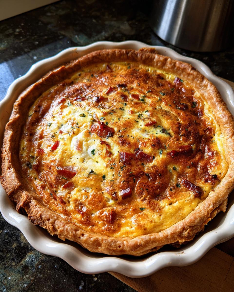 A freshly baked Easy Breakfast Quiche in a white pie dish, featuring a golden crust and savory filling.