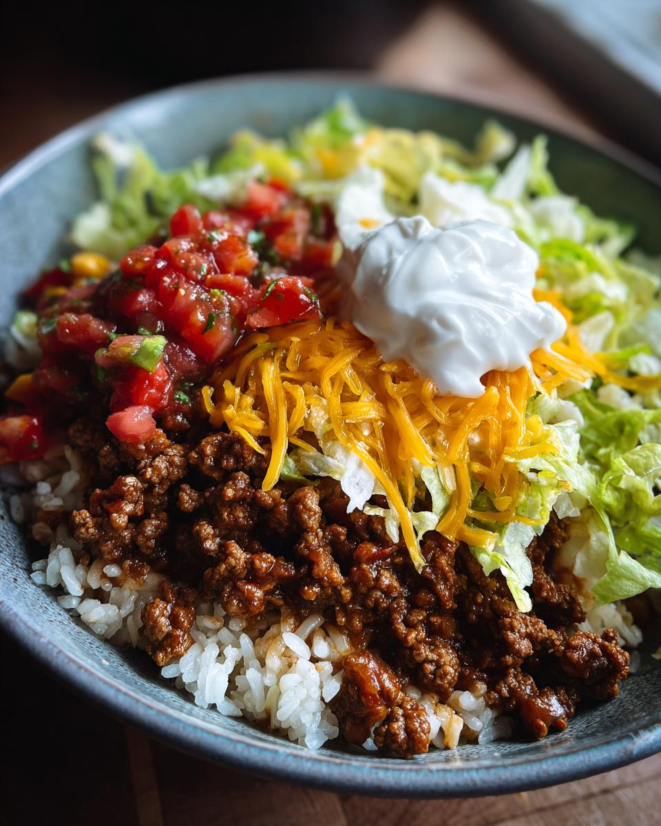 Overhead shot of an Easy Taco Rice Bowl with rice, ground beef, lettuce, cheese, salsa, and sour cream.