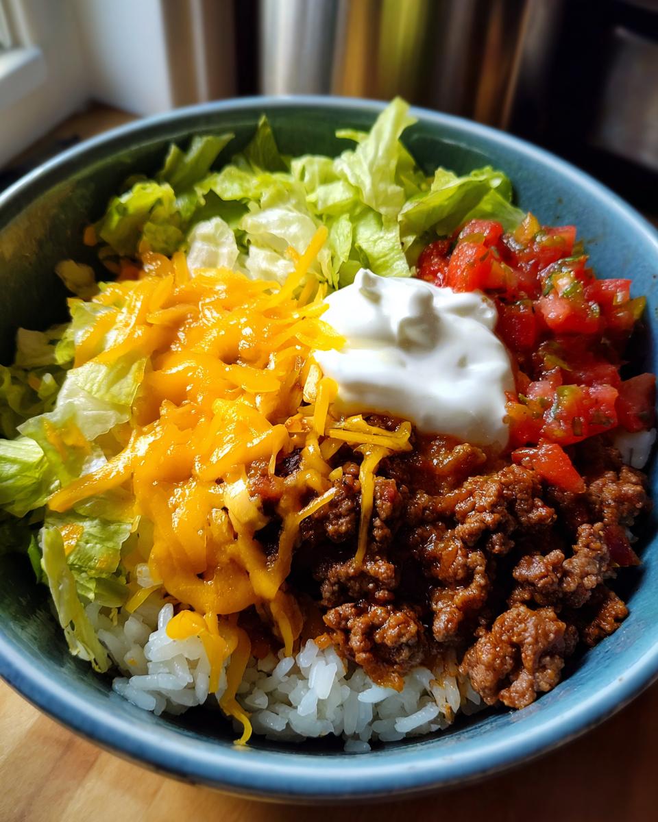 Overhead view of an Easy Taco Rice Bowl with rice, taco meat, lettuce, cheese, salsa, and sour cream.