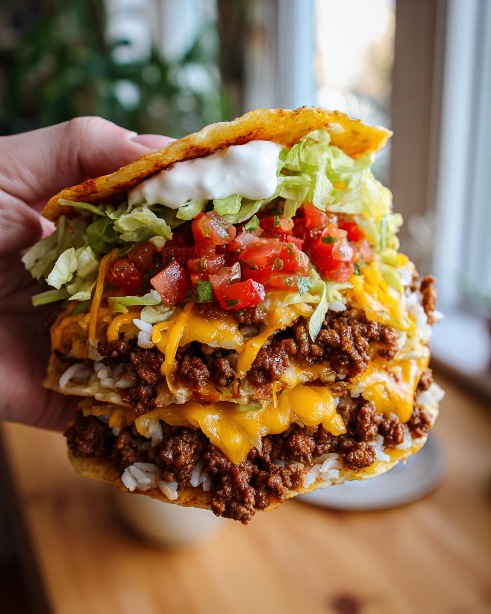 Hand holding a stacked Easy Taco Rice Bowl with layers of rice, meat, cheese, lettuce, salsa, and sour cream.