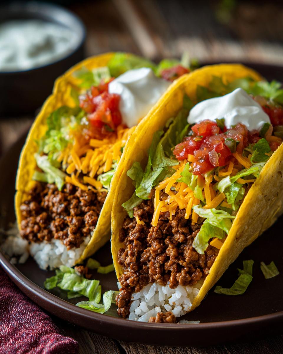 Two Easy Taco Rice Bowl filled with rice, ground beef, lettuce, cheese, salsa, and sour cream on a brown plate.