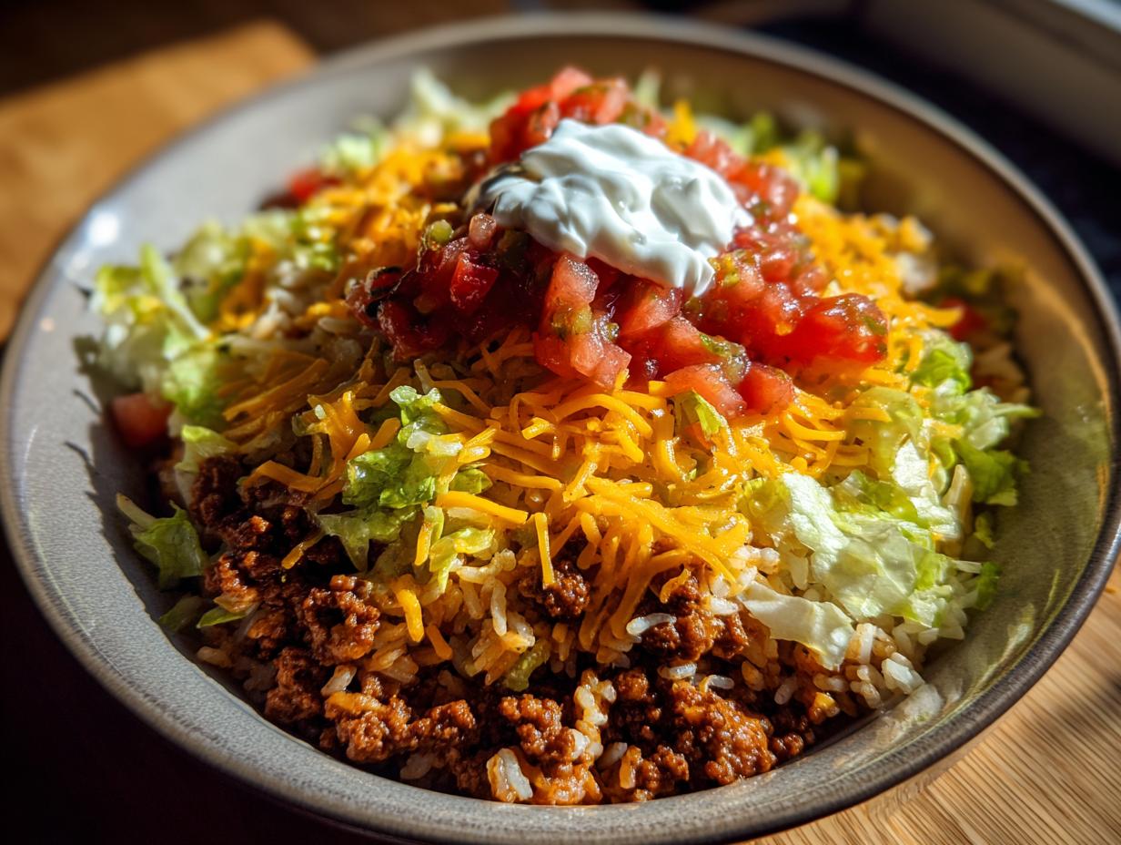 Overhead view of an Easy Taco Rice Bowl with ground beef, rice, lettuce, cheese, salsa, and sour cream.