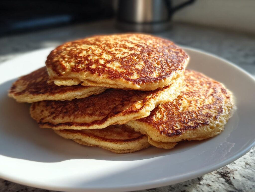 A stack of golden brown Energizing Red Lentil Pancakes on a white plate, ready to eat.