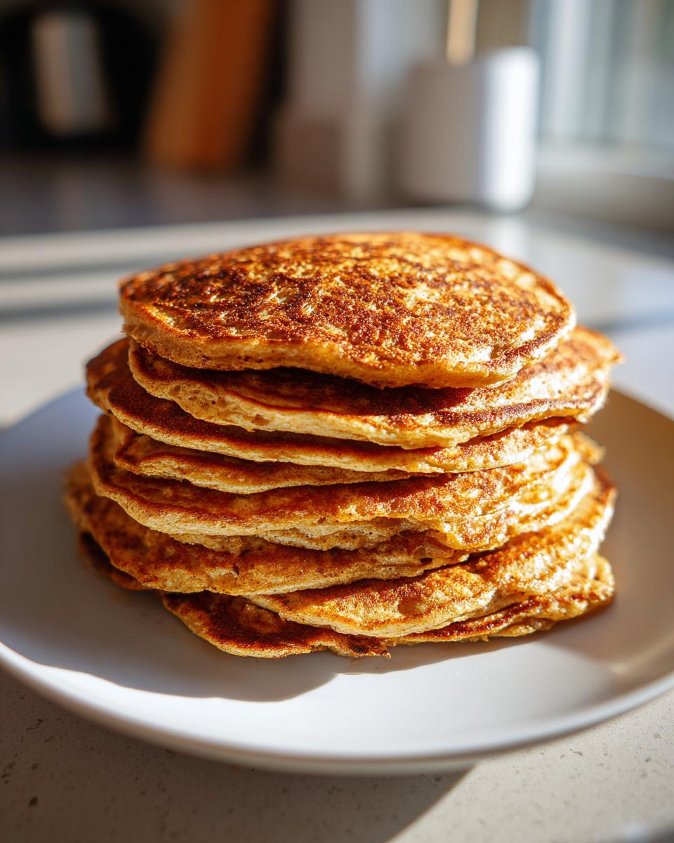 A stack of golden brown Energizing Red Lentil Pancakes on a white plate, ready to eat.