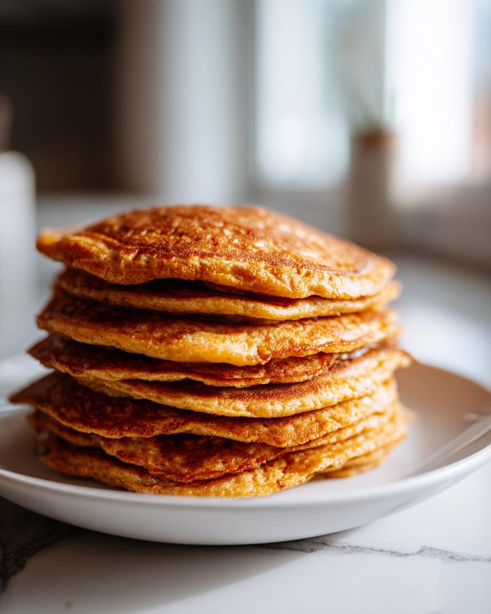 A stack of golden brown Energizing Red Lentil Pancakes on a white plate, ready to be enjoyed.