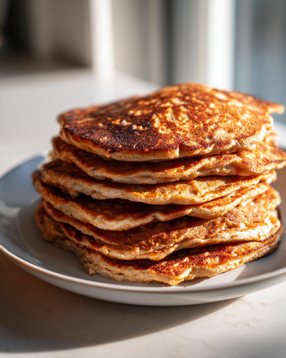 A stack of golden brown Energizing Red Lentil Pancakes on a white plate, ready to be enjoyed.