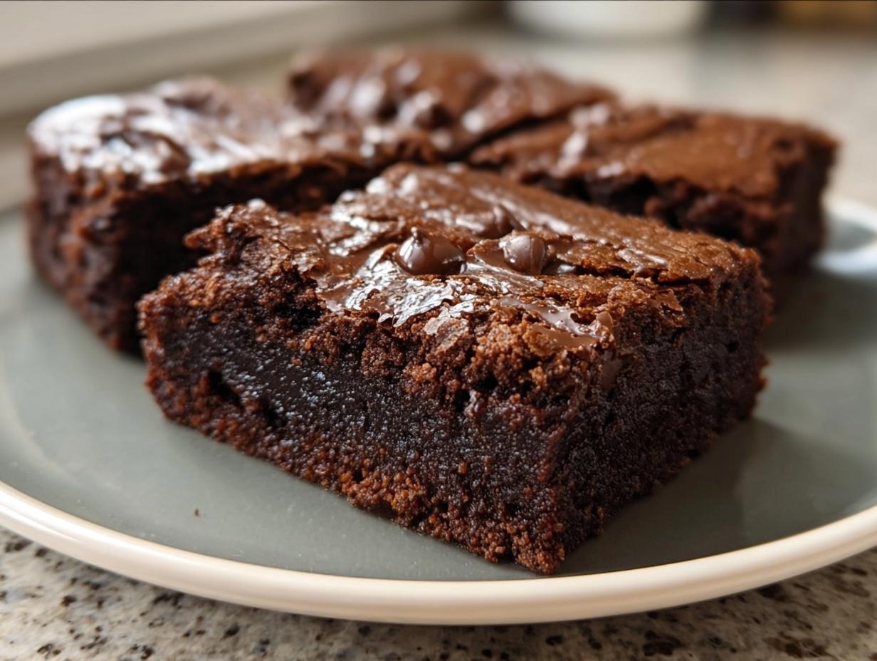 Close-up of flourless greek yogurt brownies on a plate, showcasing their fudgy texture and chocolate chips.