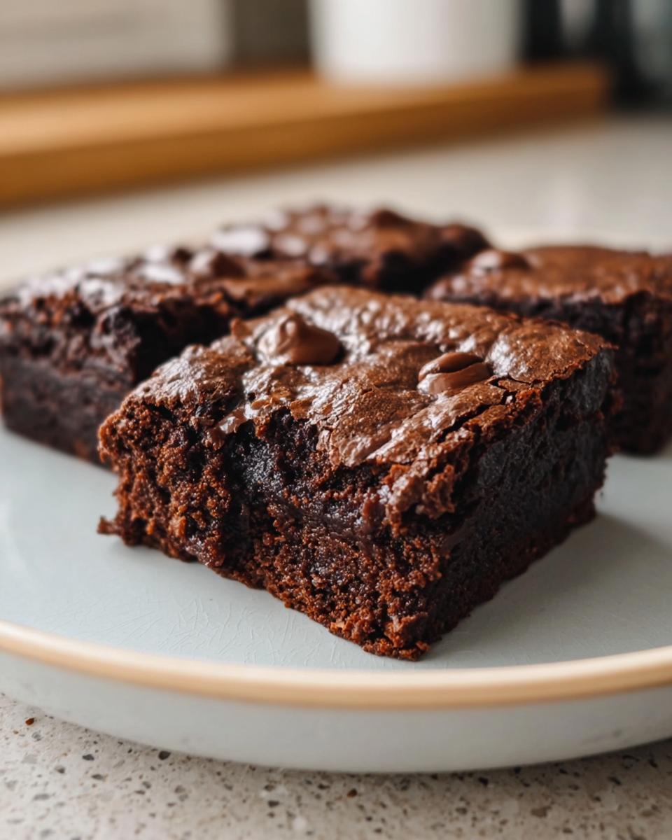 A plate of delicious flourless greek yogurt brownies, topped with chocolate chips.