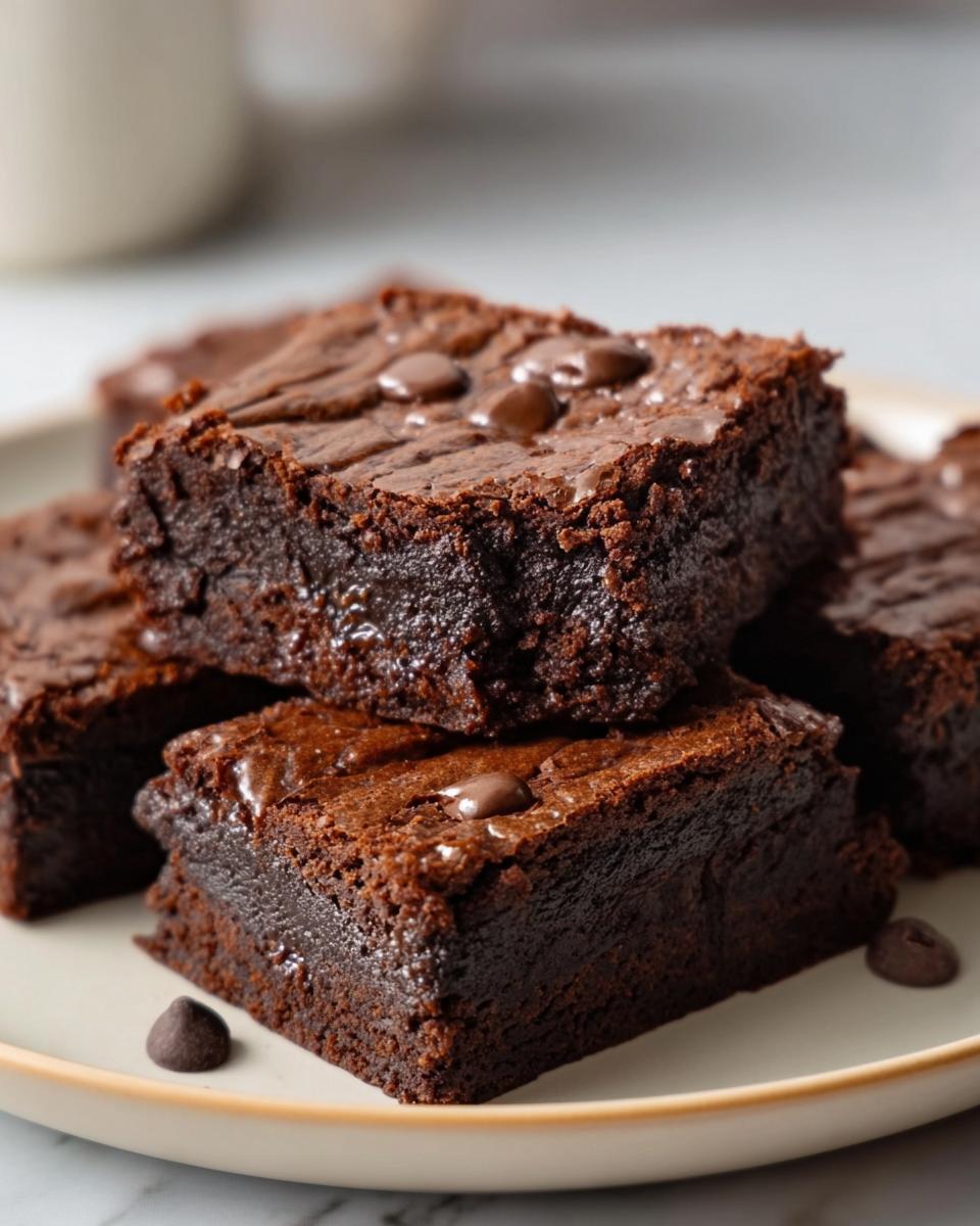A stack of delicious flourless greek yogurt brownies topped with chocolate chips on a plate.