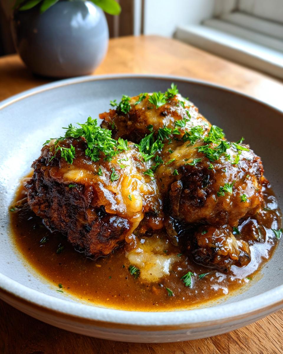 Three French Onion Meatballs in a bowl, topped with melted cheese, gravy, and fresh parsley.