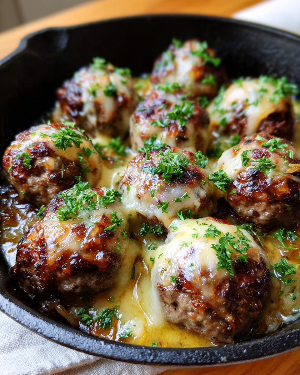 Close-up of French Onion Meatballs baked in a skillet, topped with melted cheese and fresh parsley.
