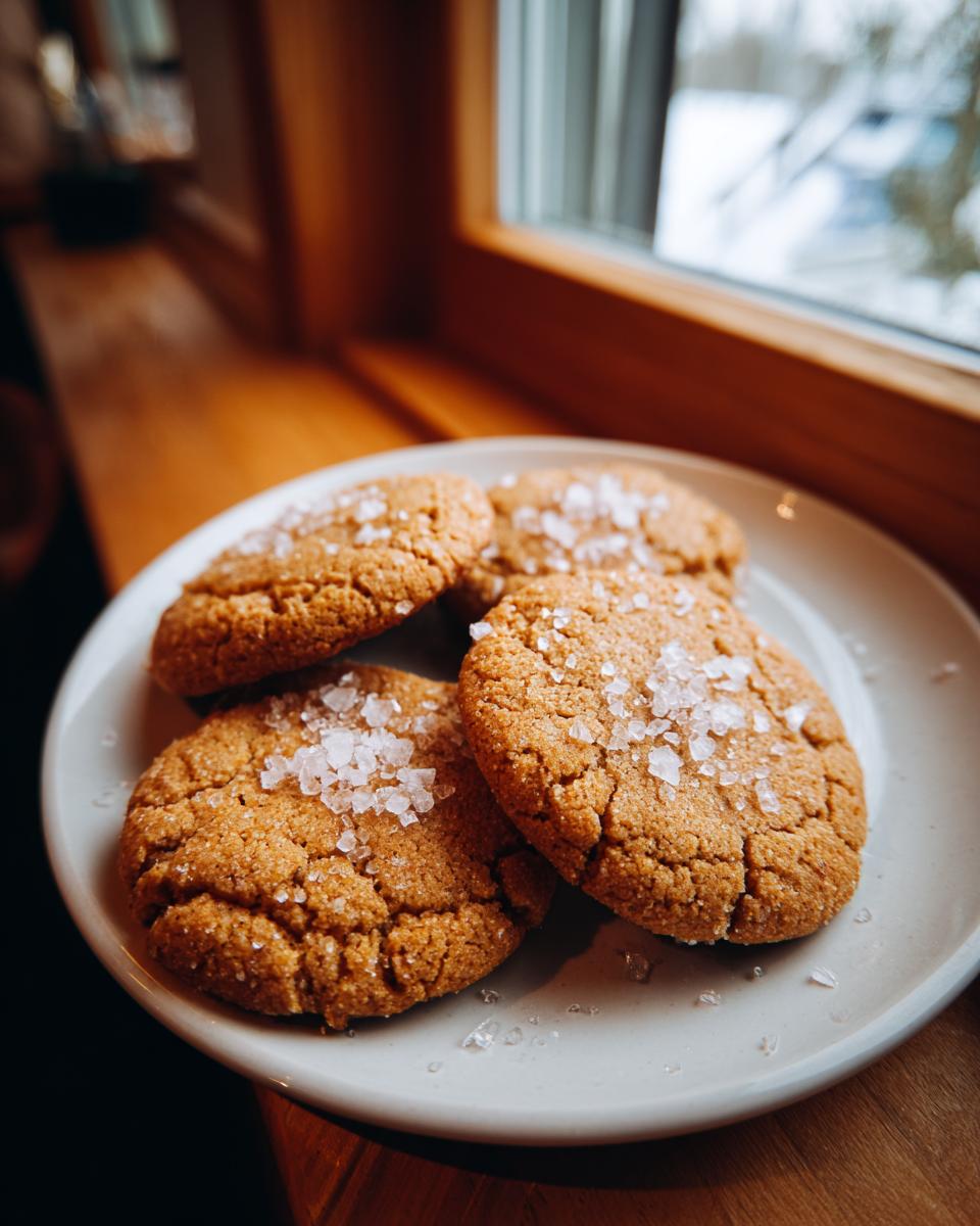 Four French Salted Butter Cookies on a plate, sprinkled with coarse salt, near a window.