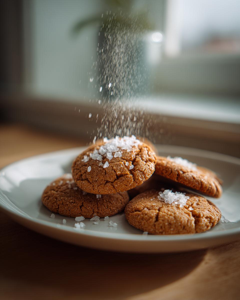 French Salted Butter Cookies are stacked on a plate with sea salt being sprinkled on top.