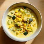 Overhead shot of a bowl of Fresh Corn and Zucchini Chowder, garnished with herbs and spices.