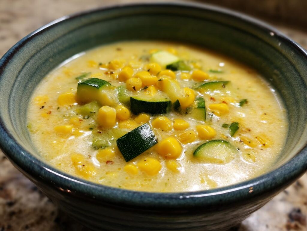 Close-up of a bowl of Fresh Corn and Zucchini Chowder, featuring corn kernels and zucchini pieces in a creamy broth.