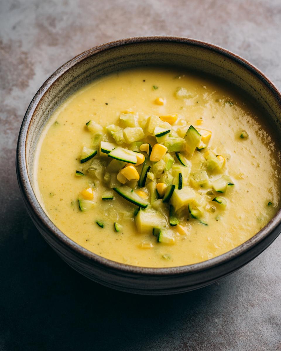 Overhead view of a bowl of creamy Fresh Corn and Zucchini Chowder, topped with diced zucchini and corn kernels.