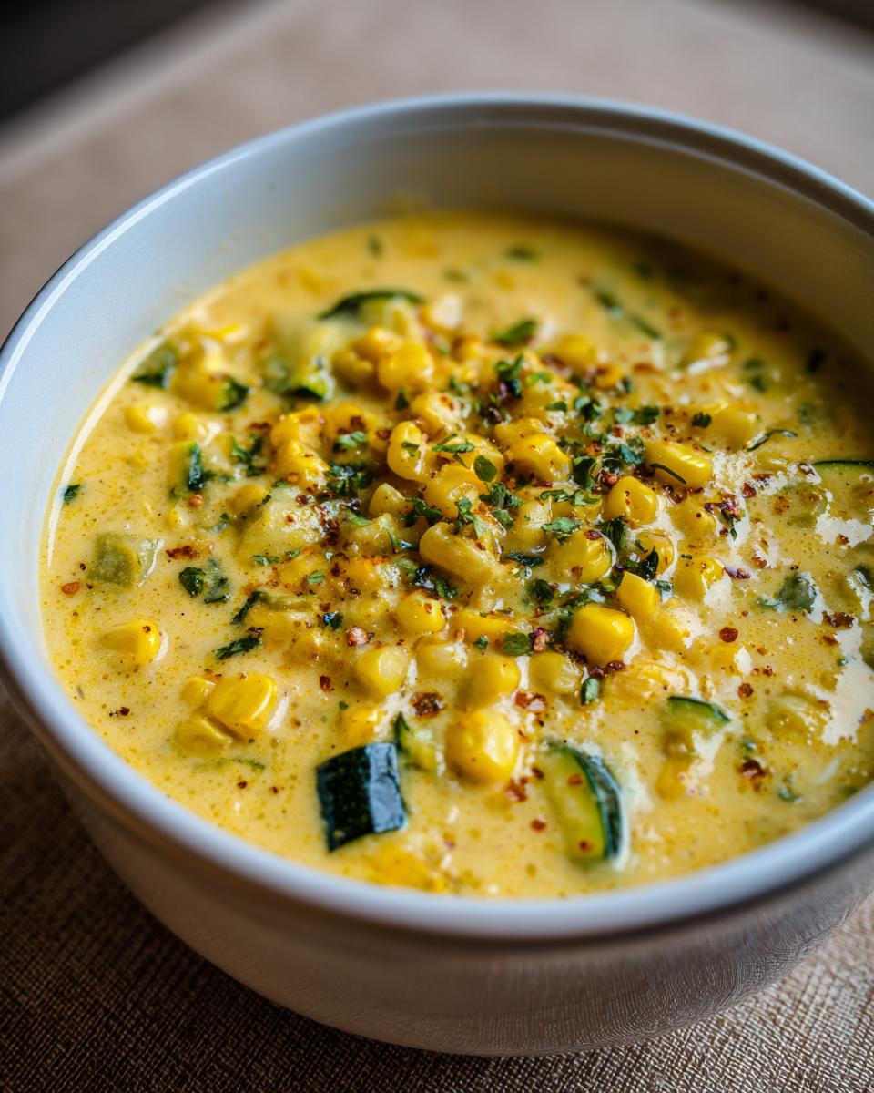 Close-up of a bowl of creamy Fresh Corn and Zucchini Chowder, garnished with herbs and spices.