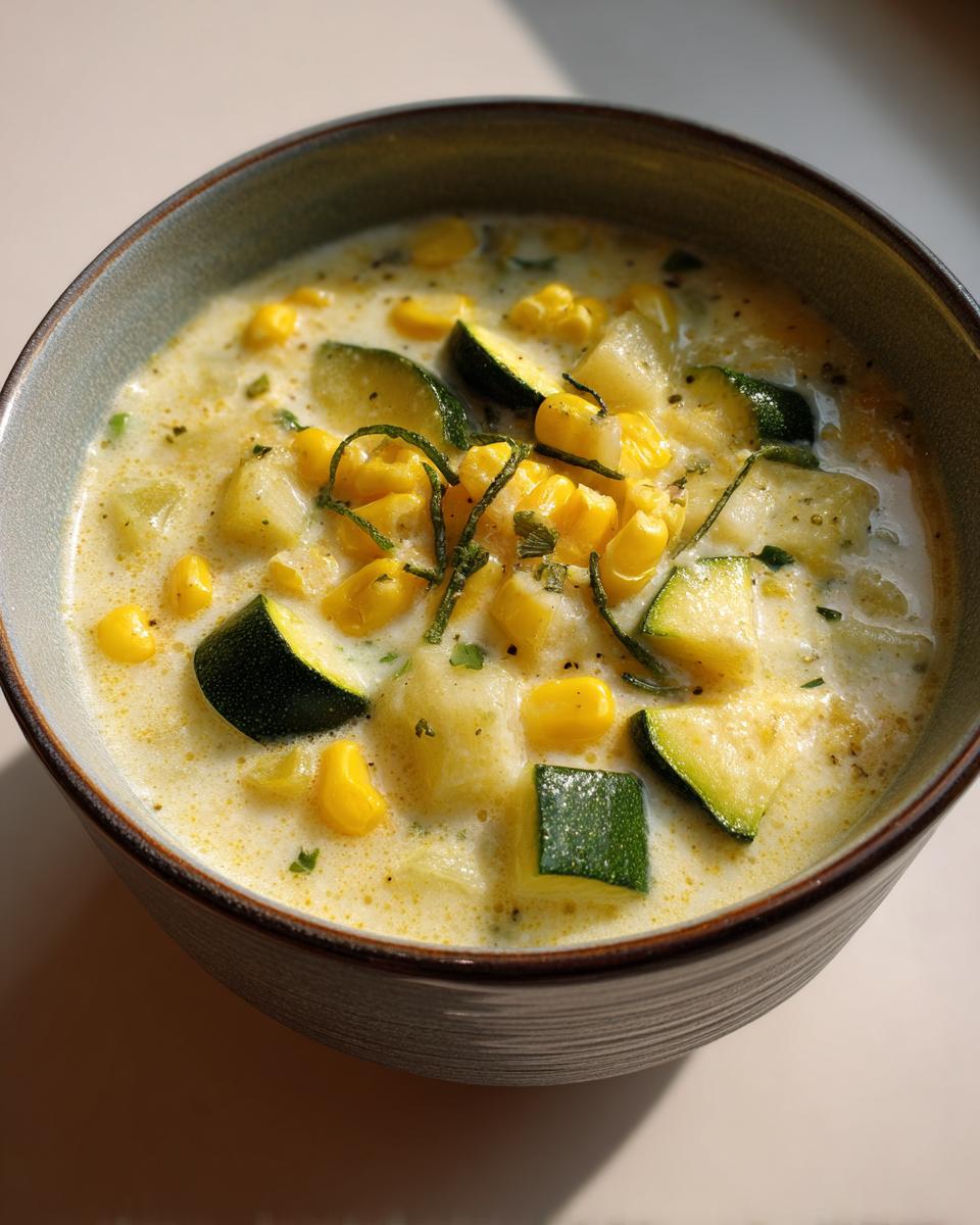 A bowl of creamy Fresh Corn and Zucchini Chowder, garnished with herbs.