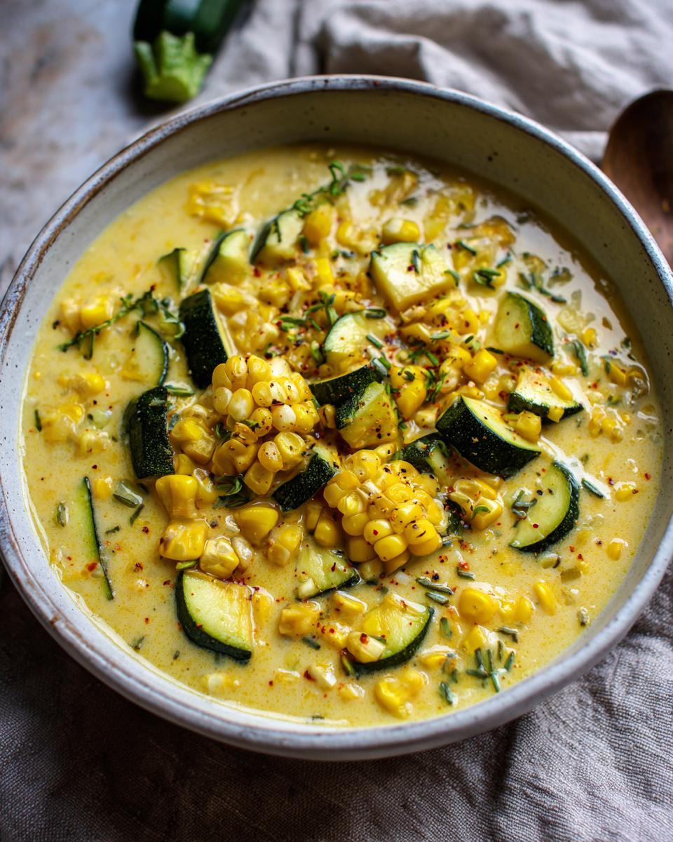 A bowl of creamy Fresh Corn and Zucchini Chowder, garnished with herbs and spices. Zucchini and corn on the cob are visible.