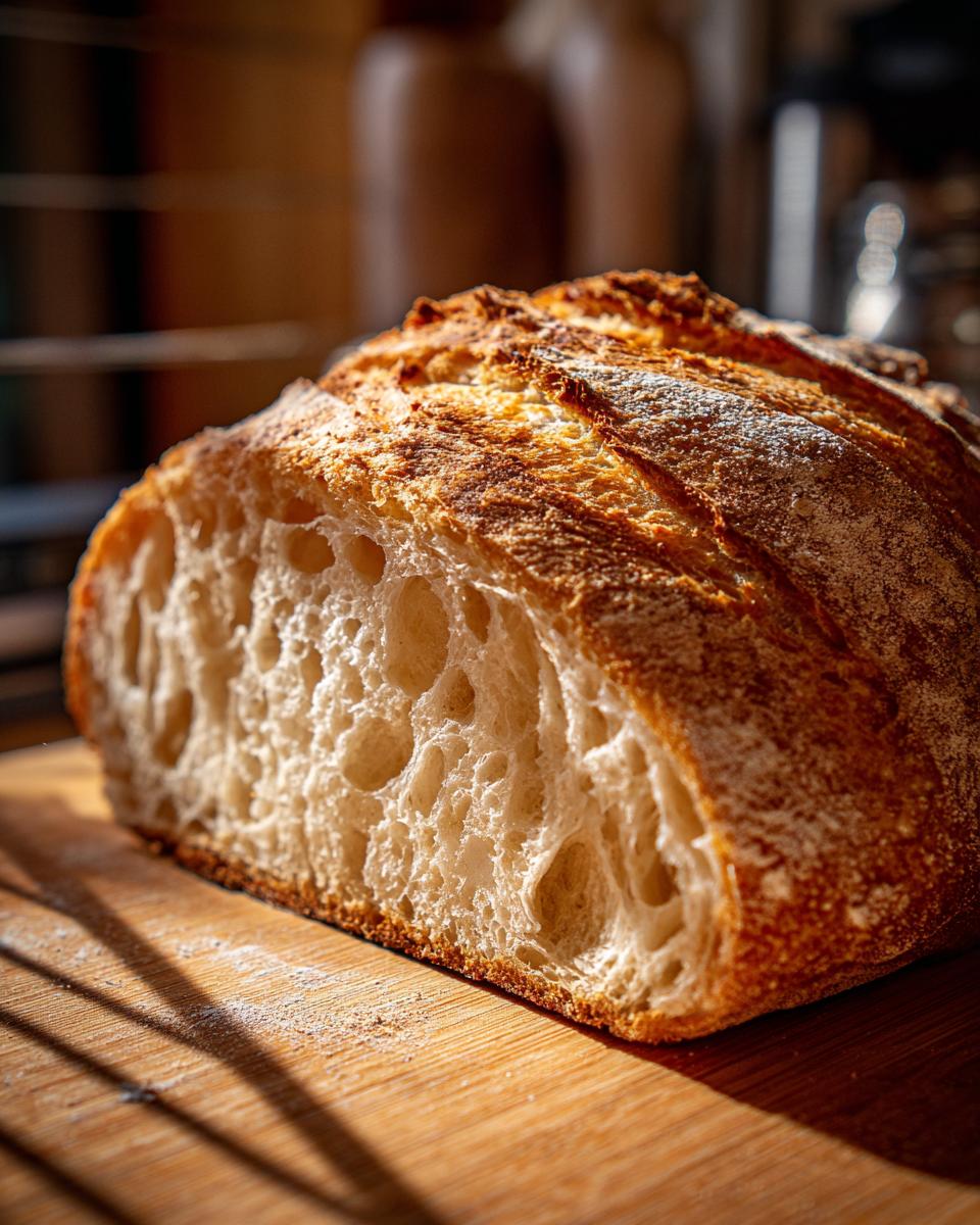 Close-up of a cut loaf of A Fresh Italian Bread, showing the airy crumb and golden crust on a wooden board.