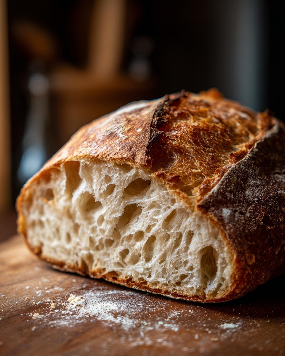A close-up image showcasing the texture of A Fresh Italian Bread loaf, highlighting its crust and airy interior.