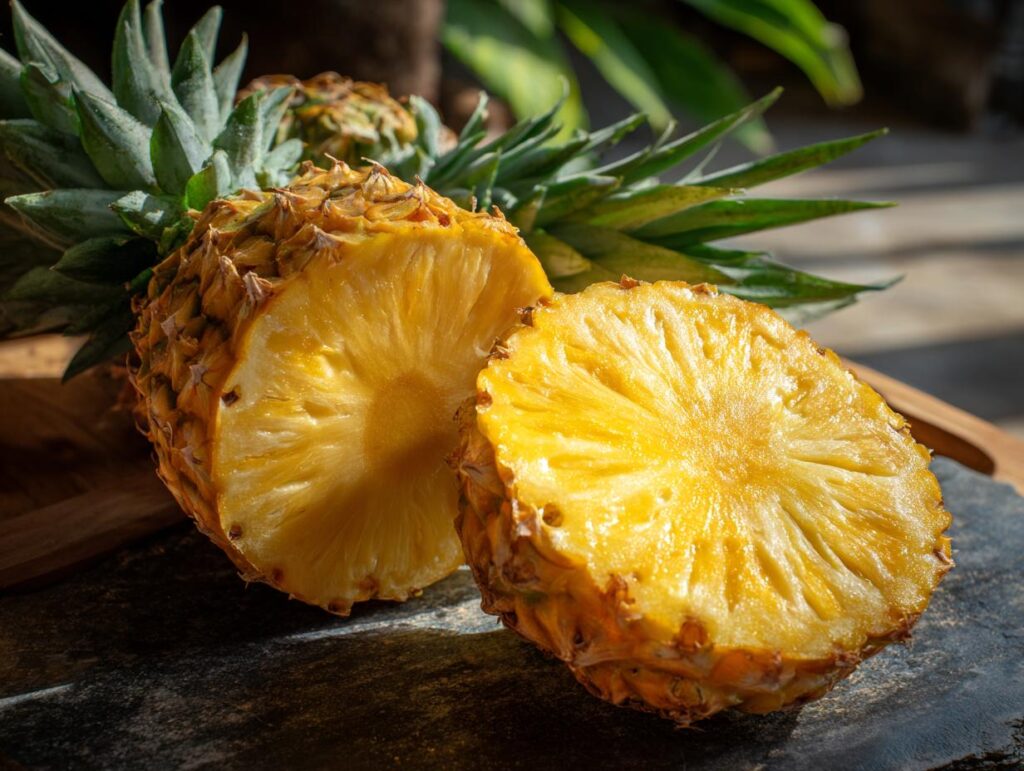A halved fresh pineapple, ready to be used in a Pineapple Cucumber Salad recipe.