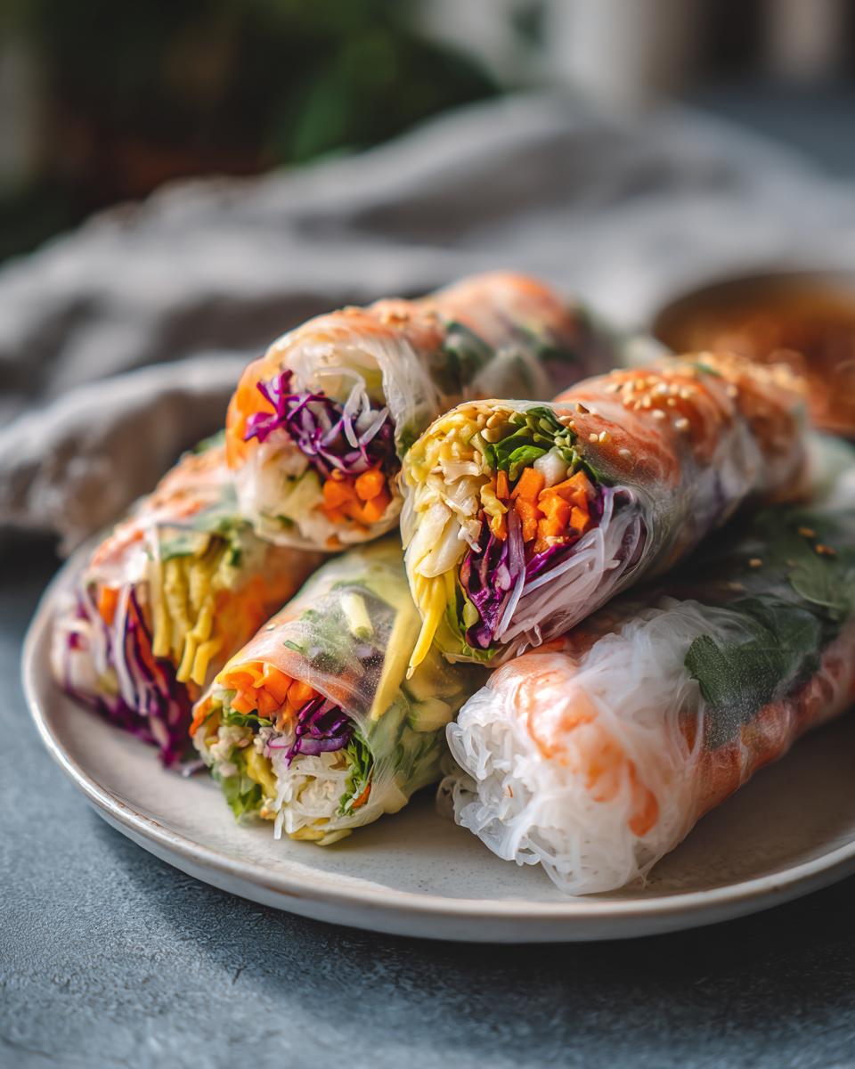 A stack of colorful Fresh Spring Rolls filled with shrimp, vegetables, and rice noodles.