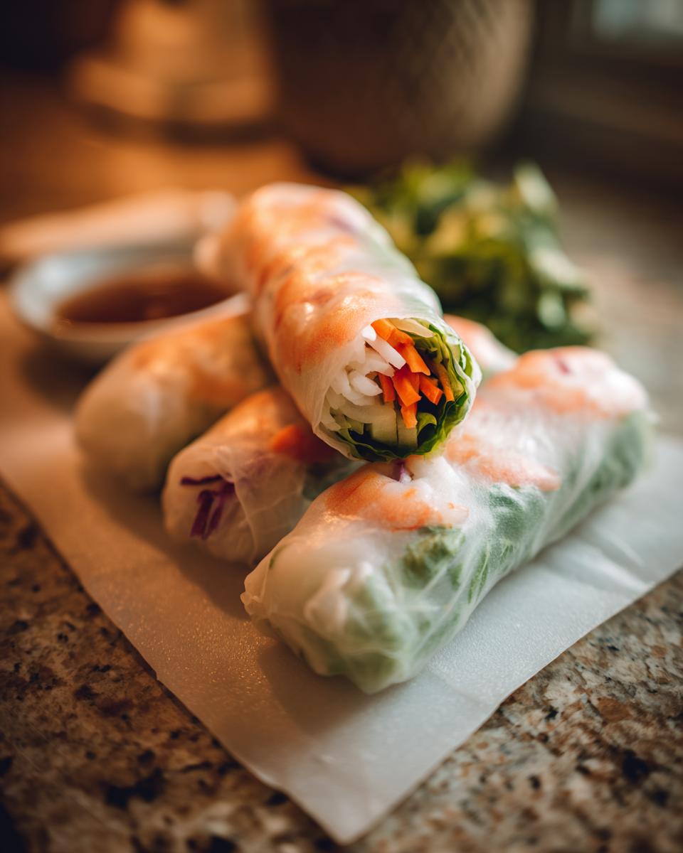 Close-up of several Fresh Spring Rolls filled with shrimp, vegetables, and herbs, served with dipping sauce.