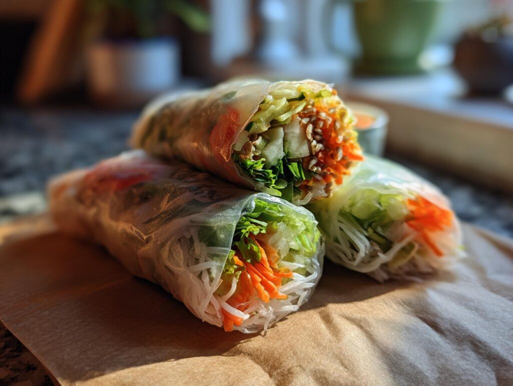 Three Fresh Spring Rolls stacked on a wooden board, filled with vegetables and rice noodles.