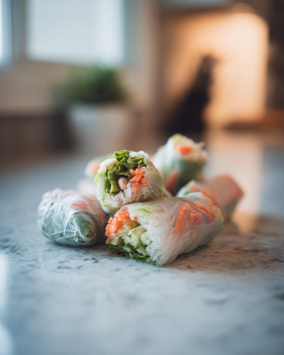 A stack of fresh spring rolls filled with lettuce, carrots, and other vegetables, wrapped in translucent rice paper.