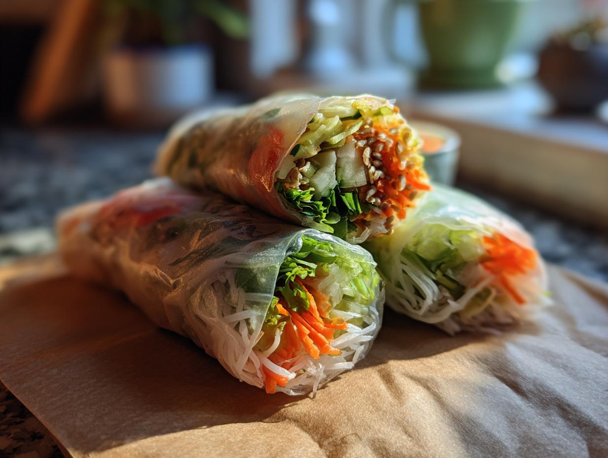 Three Fresh Spring Rolls stacked on a wooden board, filled with vegetables and rice noodles.