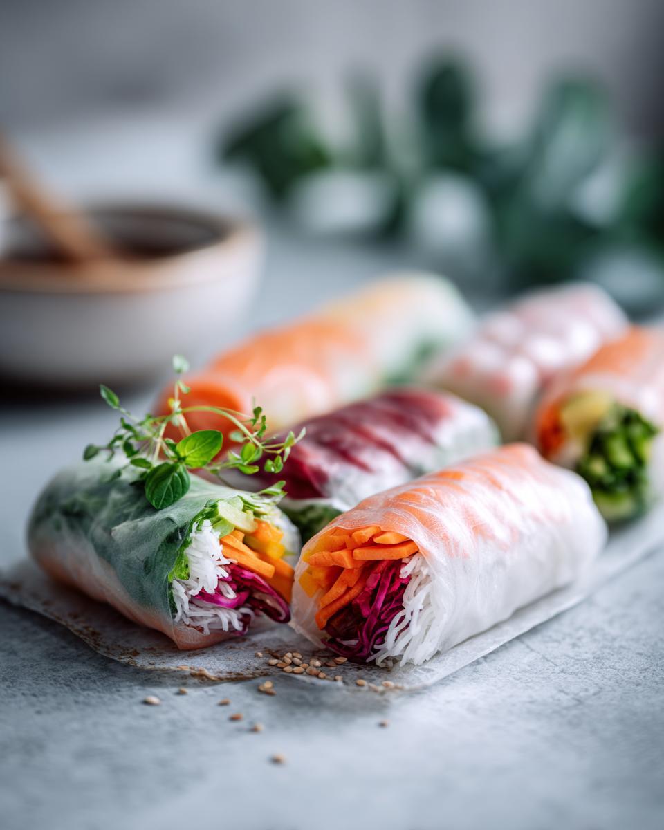 Close-up of vibrant Fresh Spring Rolls filled with colorful vegetables and rice noodles.
