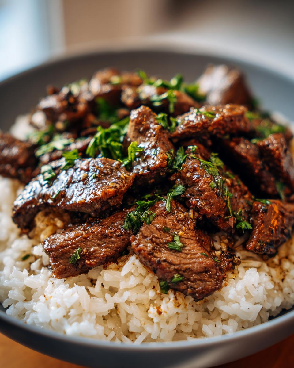 Close-up of Garlic Butter Beef and Rice in a bowl, garnished with fresh parsley.