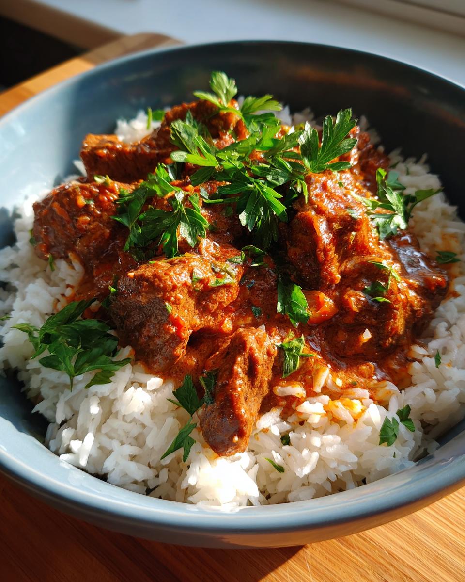 A bowl of Garlic Butter Beef and Rice, garnished with fresh parsley.