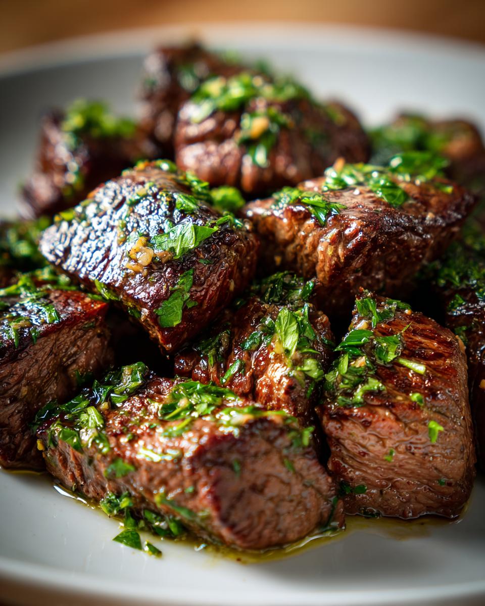 Close-up of juicy Garlic Butter Beef bites garnished with fresh parsley on a white plate.