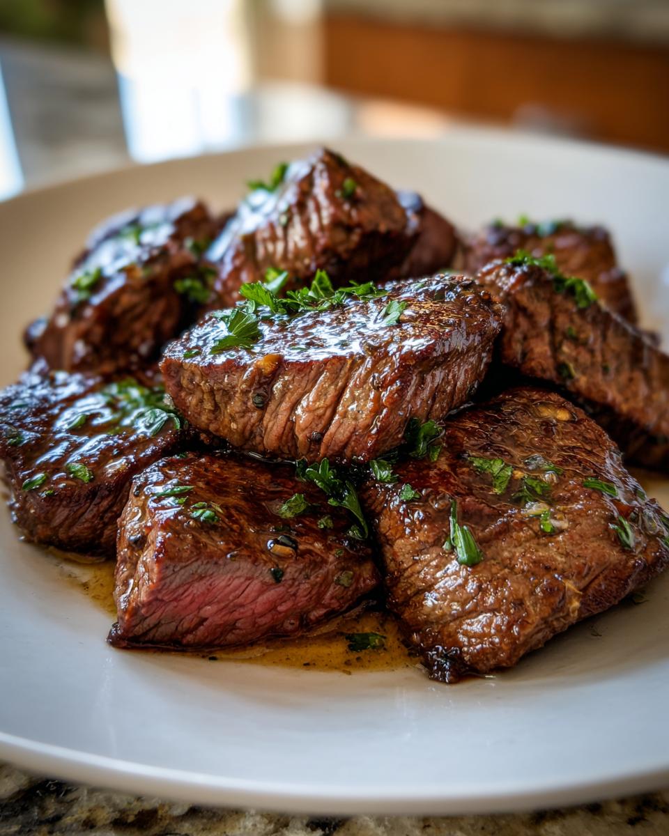 Close-up of juicy Garlic Butter Beef bites on a white plate, garnished with fresh parsley.