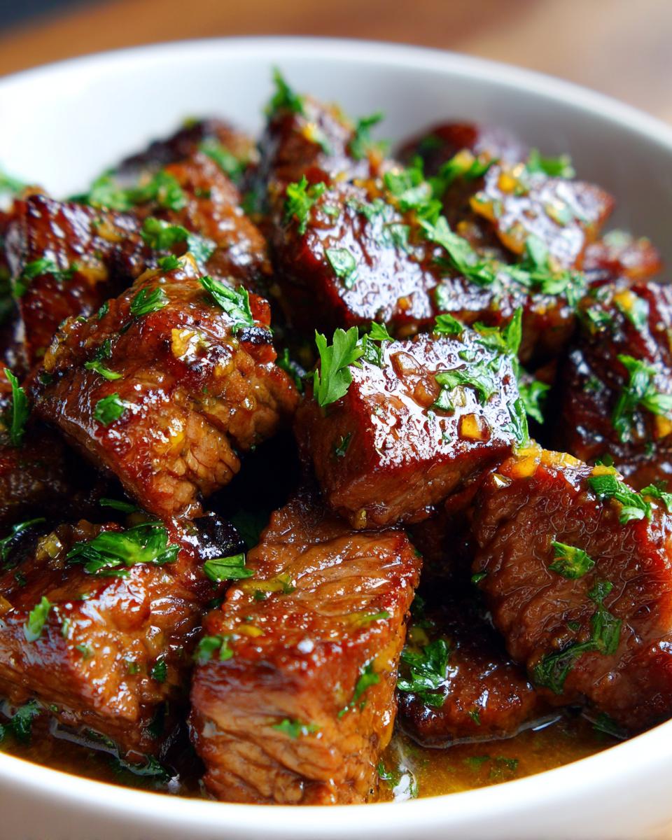 Close-up of Garlic Butter Beef Bites in a white bowl, garnished with fresh parsley.