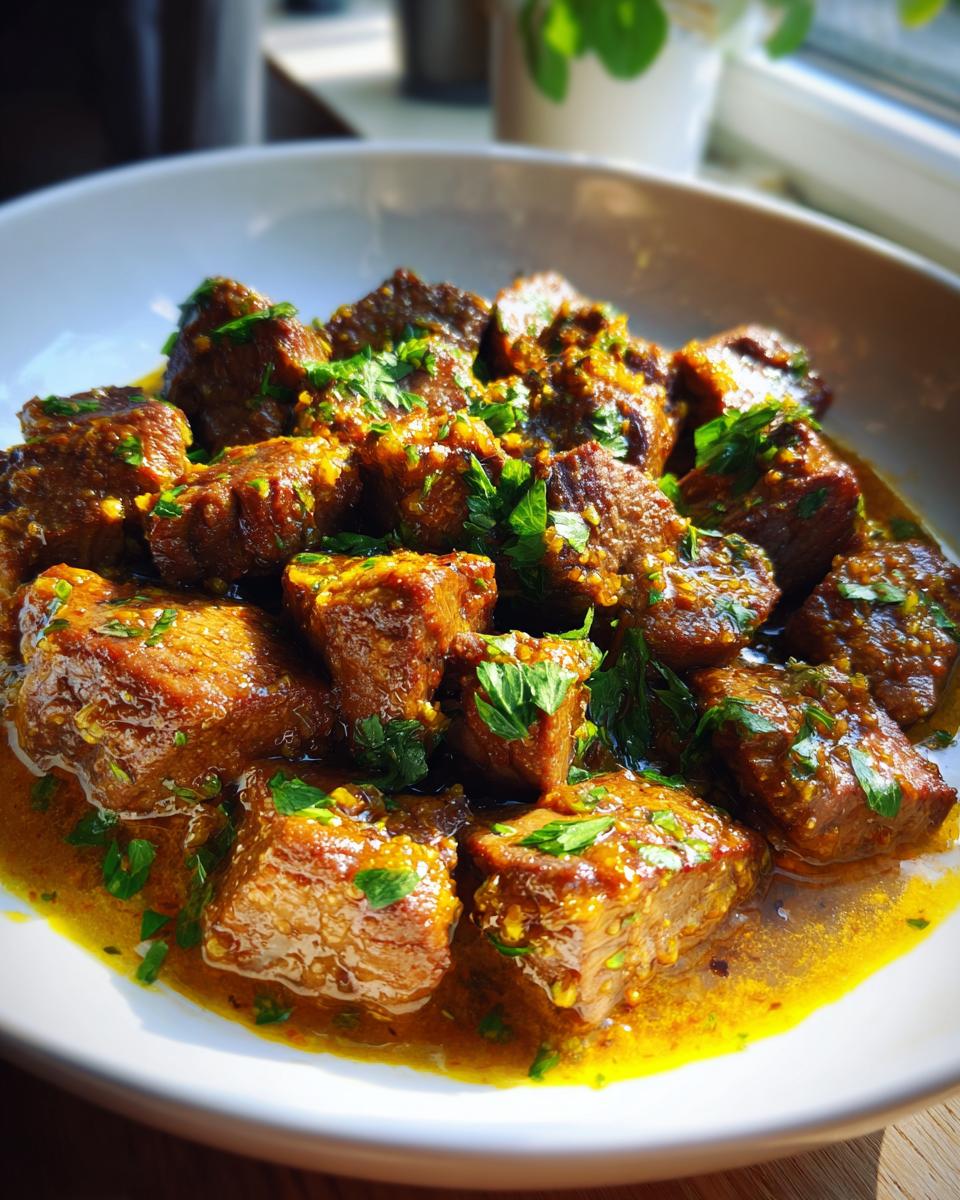 A bowl of Garlic Butter Beef Bites, garnished with fresh parsley and bathed in a savory sauce.