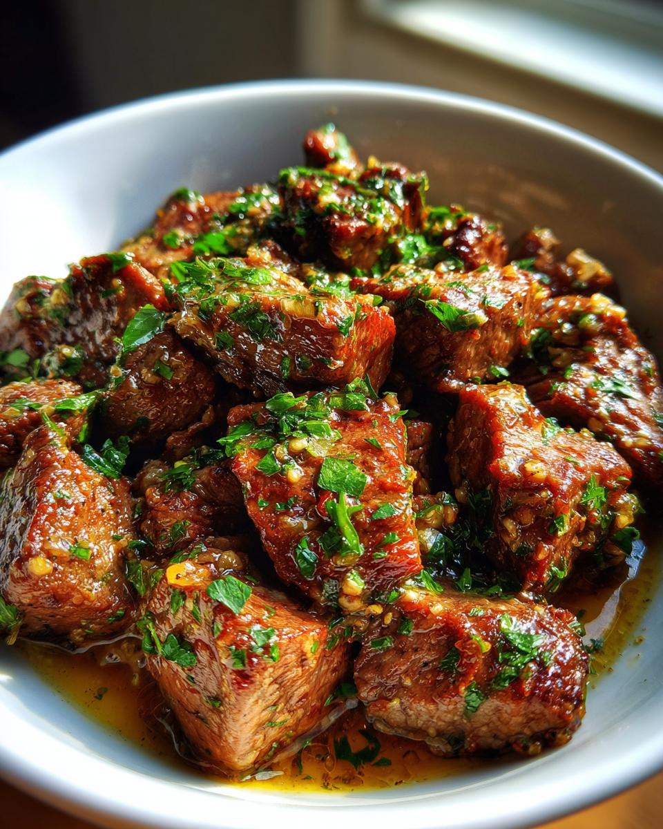 Close-up of Garlic Butter Beef Bites in a white bowl, garnished with fresh parsley.
