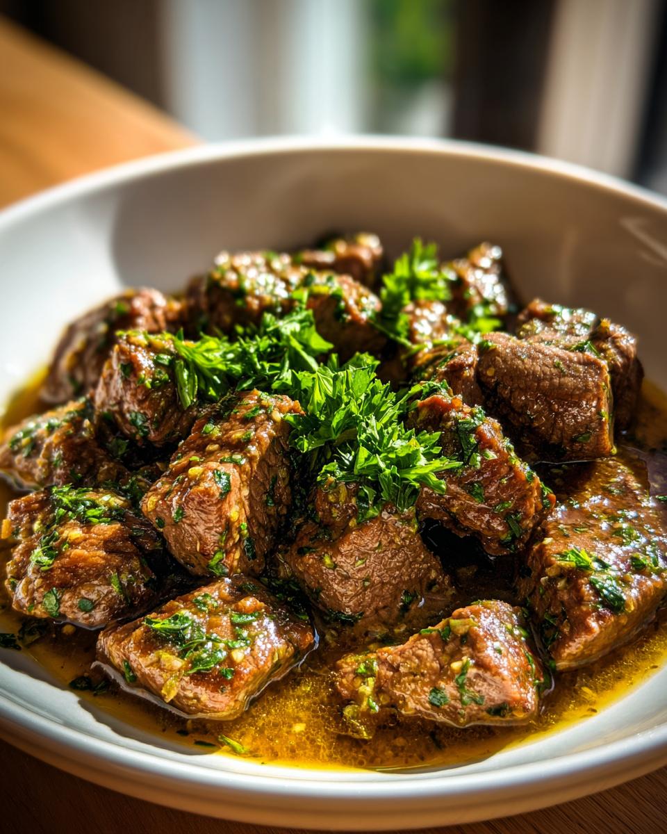 A bowl of Garlic Butter Beef Bites, garnished with fresh parsley and glistening with garlic butter sauce.