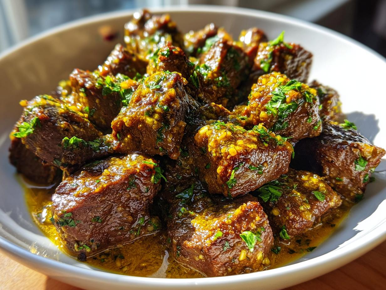 A bowl of Garlic Butter Beef Bites, glistening with sauce and garnished with fresh parsley.