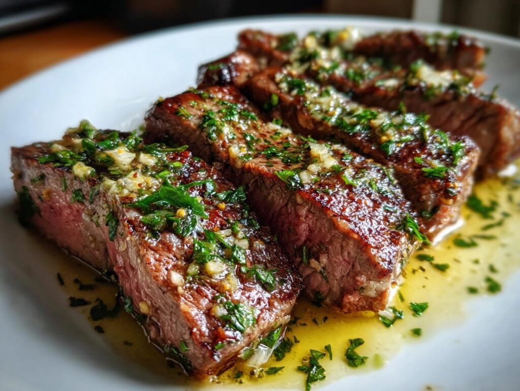 Close-up of sliced Garlic Butter Beef, topped with fresh herbs and glistening with savory sauce.