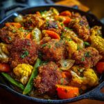 A skillet filled with Garlic Butter Chicken Veggies, including chicken, cauliflower, carrots, and green beans.