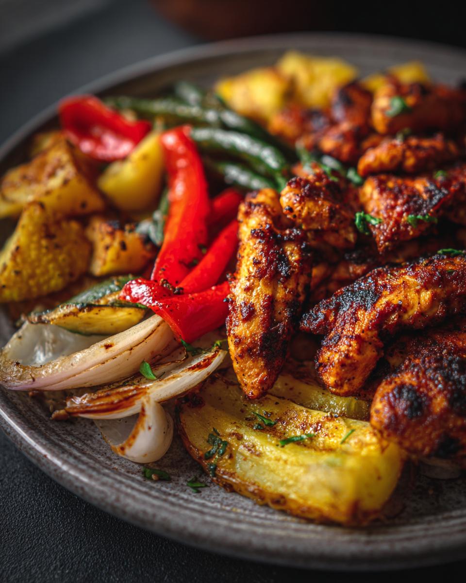 A plate of Garlic Butter Chicken Veggies, including chicken, potatoes, peppers, onions, and green beans.