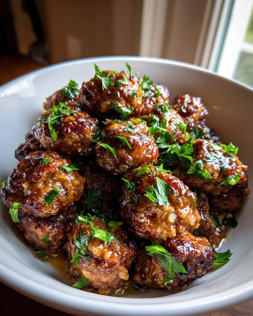 A bowl overflowing with glistening Garlic Butter Meatballs, garnished with fresh parsley.