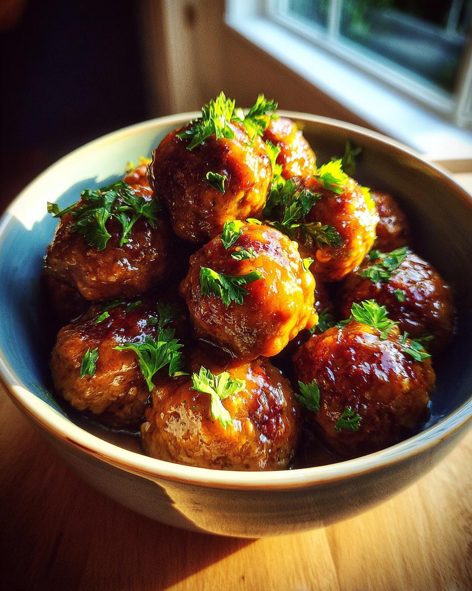 A bowl of glistening Garlic Butter Meatballs, garnished with fresh parsley, sits on a wooden surface.