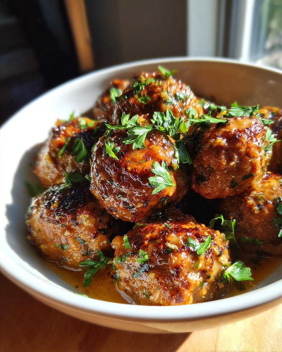 A bowl of glistening Garlic Butter Meatballs, garnished with fresh parsley. Ready to eat!