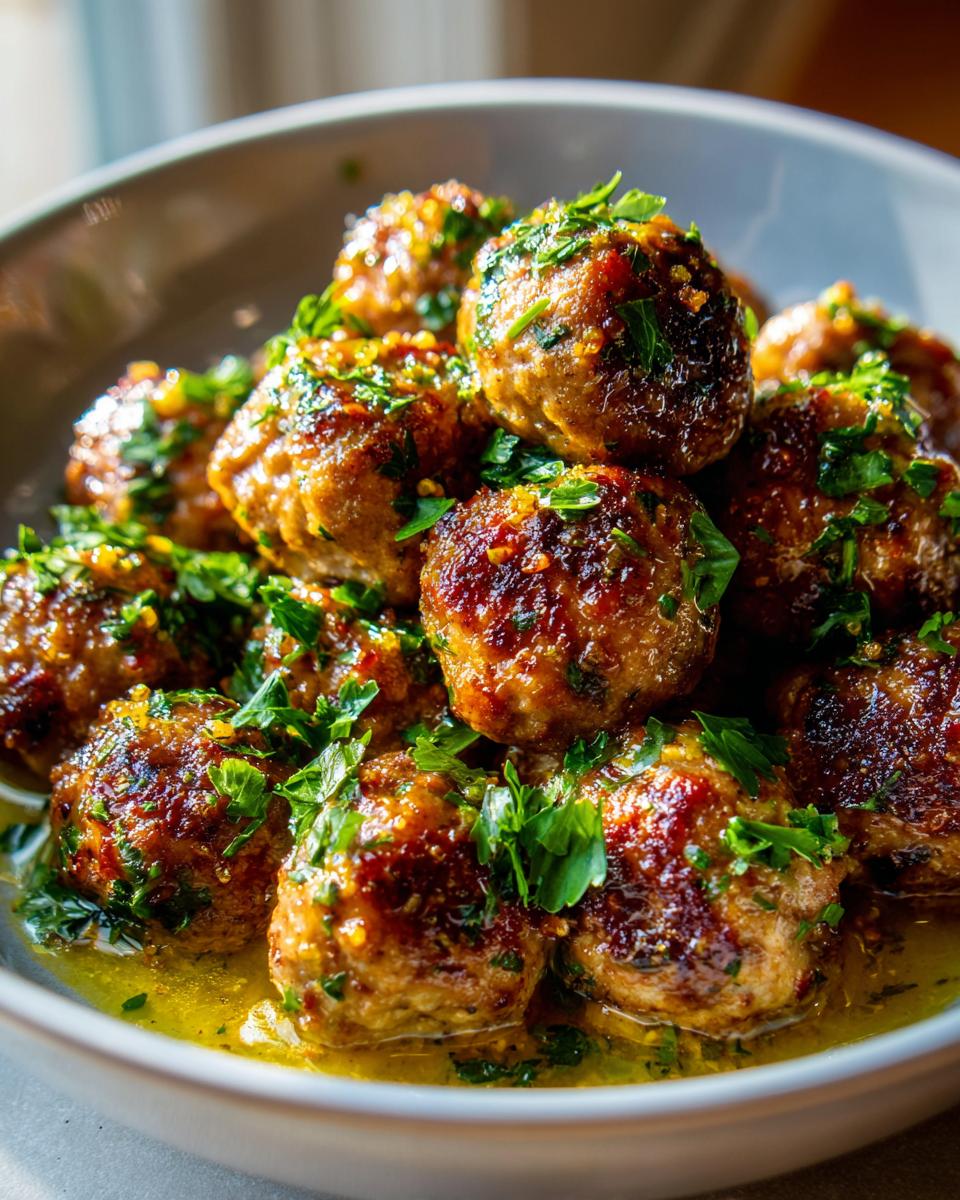 A bowl of glistening Garlic Butter Meatballs, garnished with fresh parsley, ready to be served.