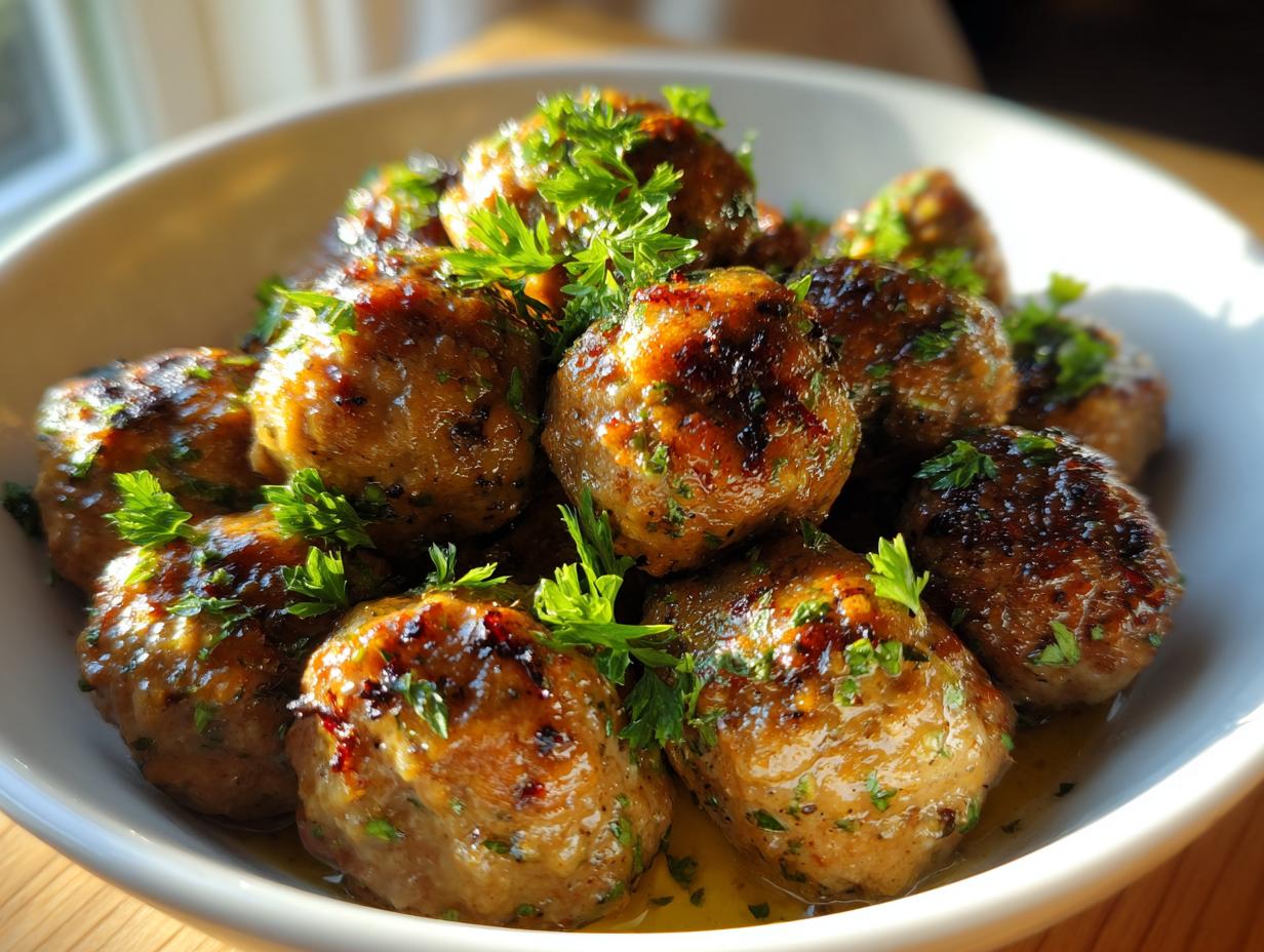A bowl of glistening Garlic Butter Meatballs, garnished with fresh parsley. Ready to eat!